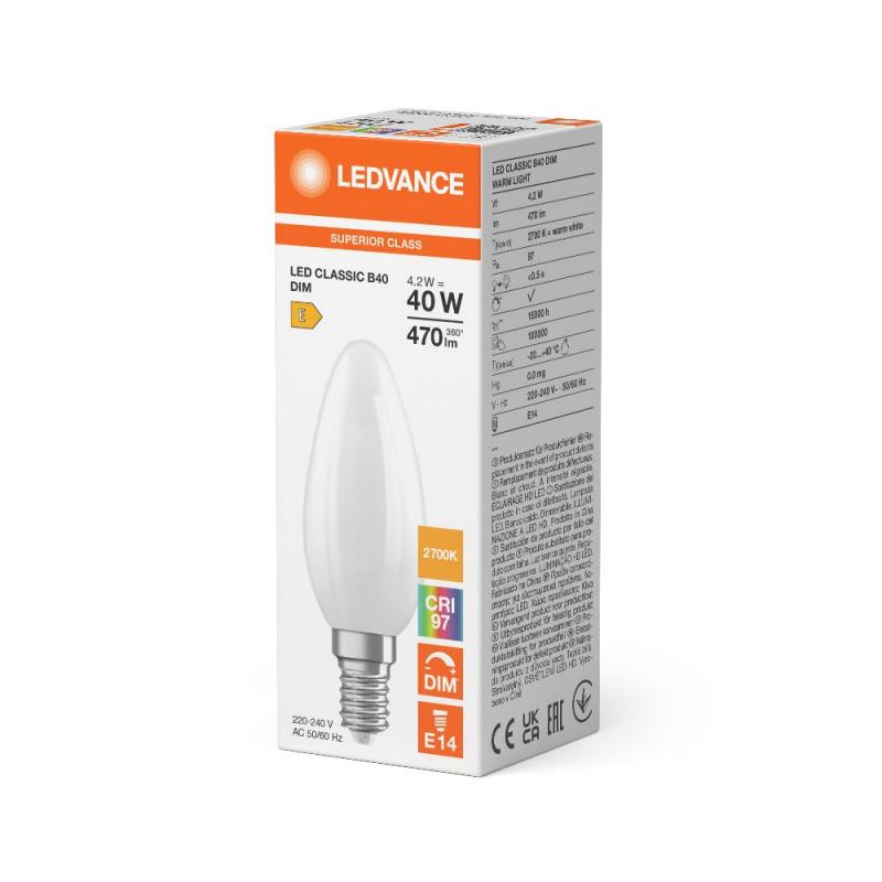 Ledvance E14 LED Kerzenlampe Classic dimmbar matt 4,2W wie 40W 2700K warmweißes Licht hohe Farbwiedergabe CRI97